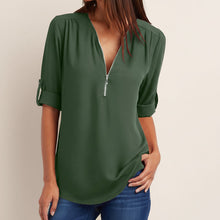 Load image into Gallery viewer, Women's Short-Sleeve Zip V-Neck Loose Top