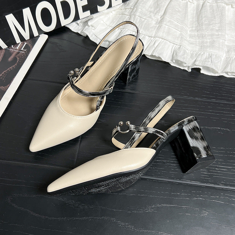 Women's Pointed-Toe Open-Heel Chunky Heel Shoes | T-Strap Buckle High Heels
