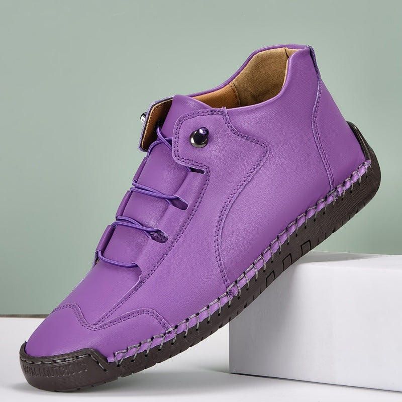 Women's Lace-Up Casual Flat Shoes | PU Leather Round Toe Stitched Sole Sneakers