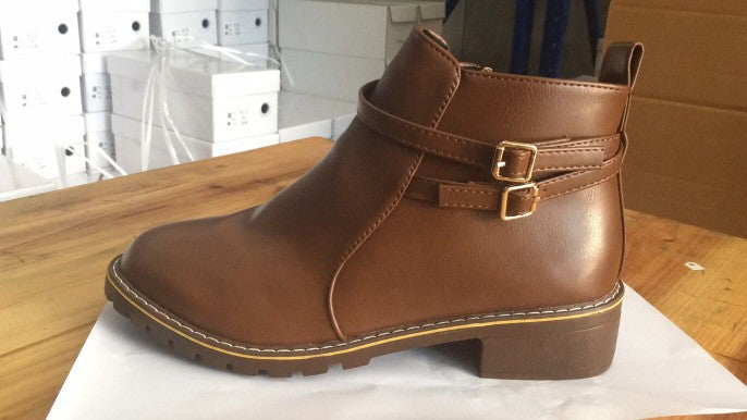 Women's Low Heel Buckle Ankle Boots – PU Leather Side Zipper Round Toe Winter Boots