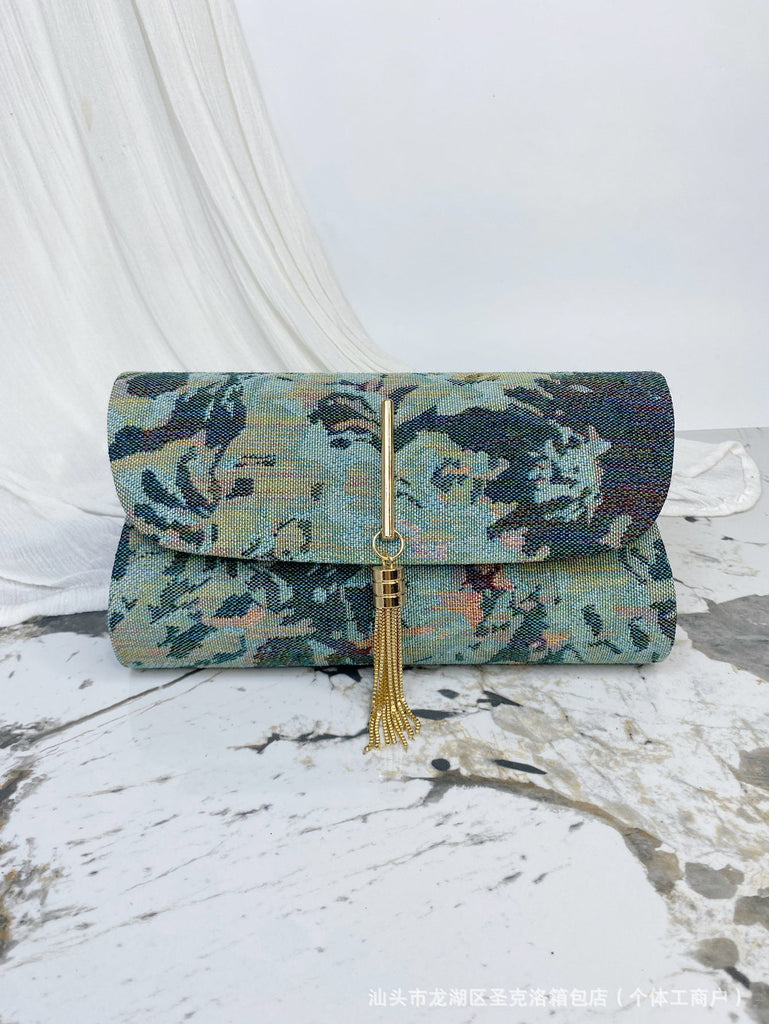 Embroidered Floral Evening Clutch Bag - Rhinestone Chain Shoulder Bag for Women