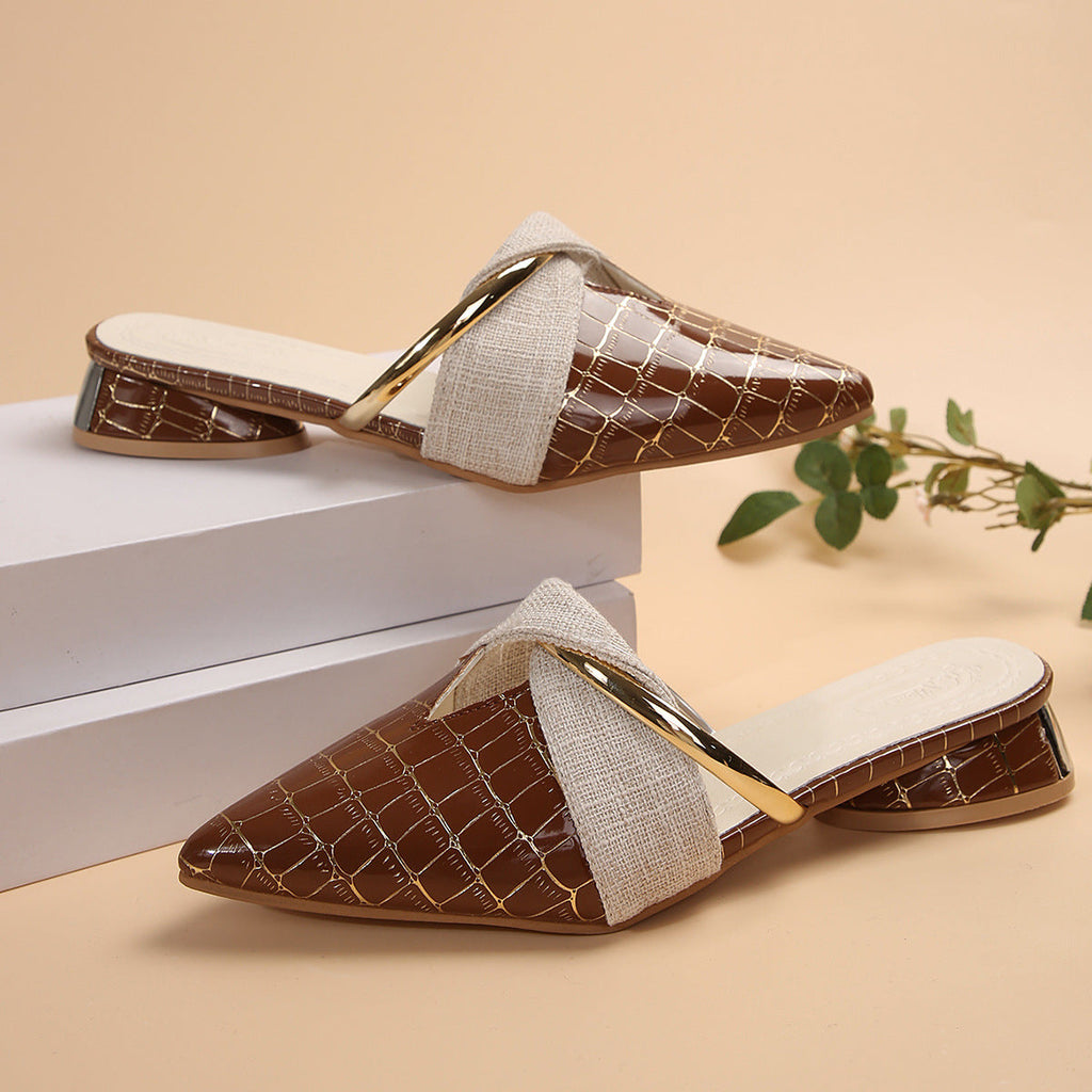 Women's Pointed-Toe Low-Heel Plaid Slippers - Chic Outdoor Mules