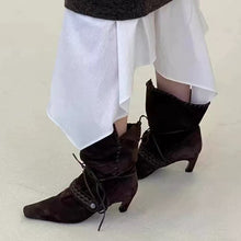 Load image into Gallery viewer, Women's Square Toe Western Boots | Chunky Heel Cross-Tie Tassel Mid-Calf Boots