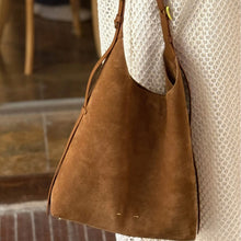 Load image into Gallery viewer, Women's Suede Bucket Shoulder Bag – Genuine Leather Drop-Ear Handbag with Patchwork Detail