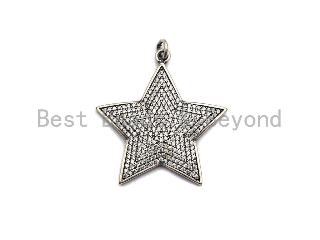 Rhidium CZ Micro Pave Five Star Pendant/Charm, Antique Silver Star Cubic Zirconia Pendant Charm, 31x32mm,sku#X120