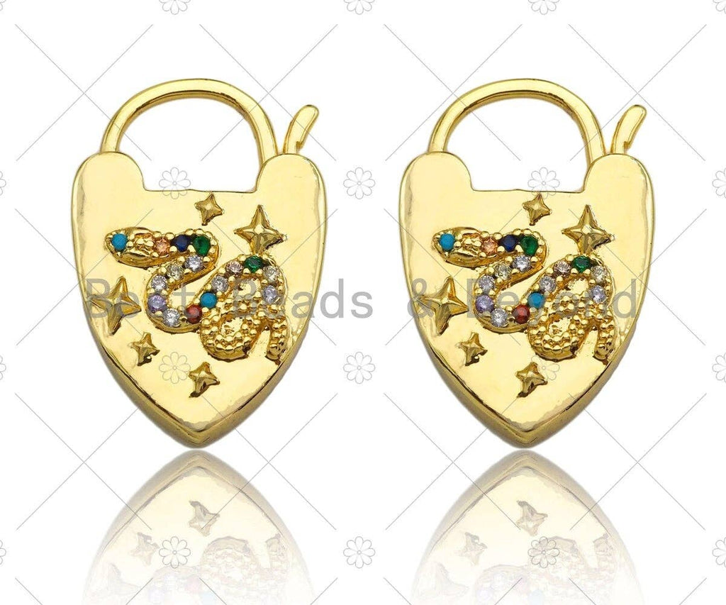 CZ Micro Pave Colorful Snake Padlock Heart Clasp Charms, Colorful Snake On Padlock Clasp, Padlock Necklace Charms, 17x25mm, Sku#K167