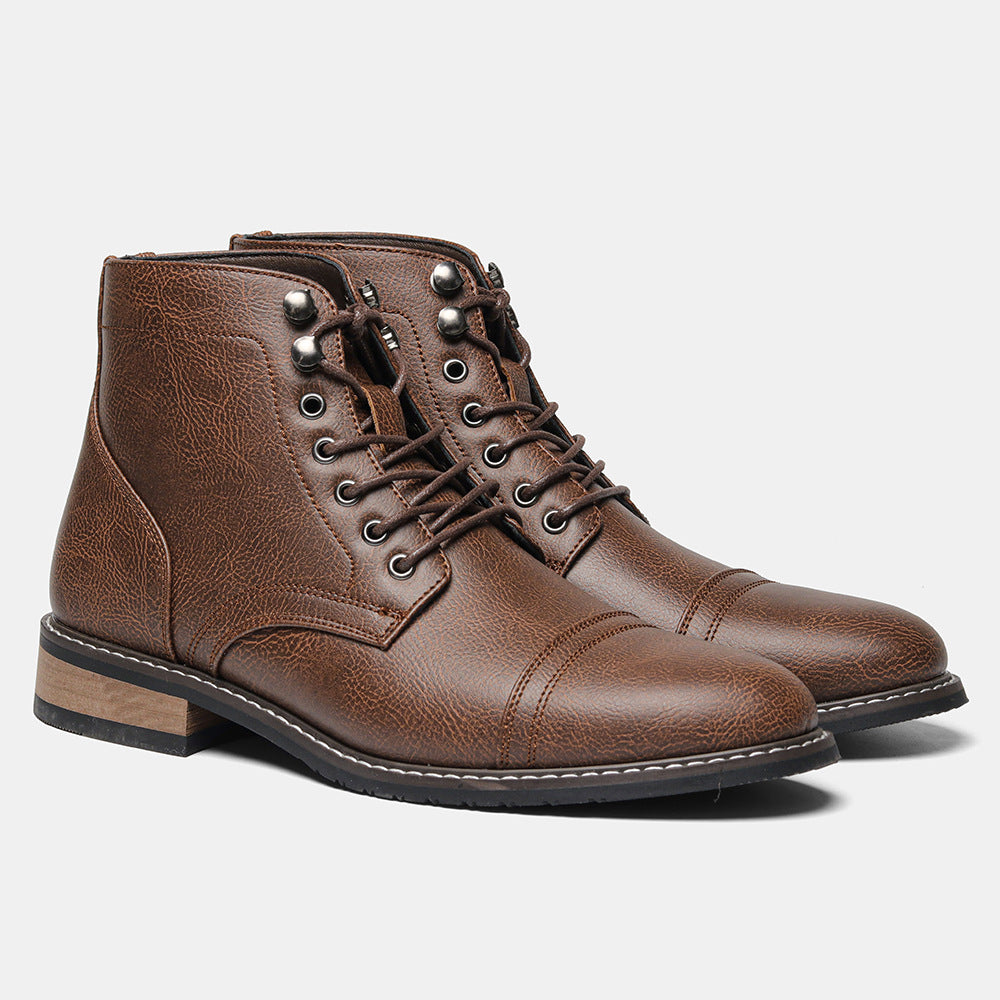 Men's Vintage Casual Leather Boots – Mid-Calf Wedge Heel, Rubber Sole, Stitched Paneling