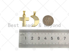 Load image into Gallery viewer, CZ Micro Pave Cresent Moon/Cross Shape Pendant/Charm,Half CZ Medallion Charm, Necklace Bracelet Charm Pendant,13x20/15x21mm, Sku#LK246