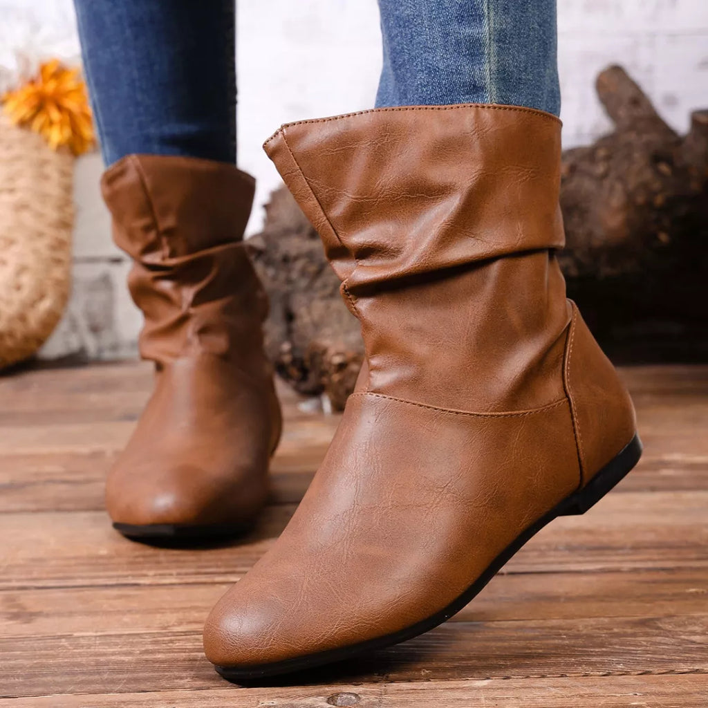 Women's Flat Ankle Boots – Wrinkled PU Leather Side Zipper | Black & Brown