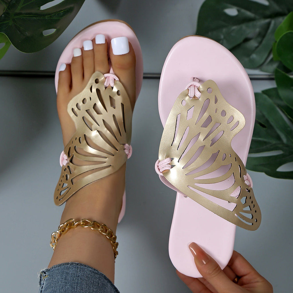 Women's Butterfly Cutout Flat Sandals | PU Open-Toe Slide Slippers