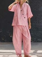 Load image into Gallery viewer, V-Neck Short Sleeve Top &amp; High-Waist Trousers Two-Piece Set