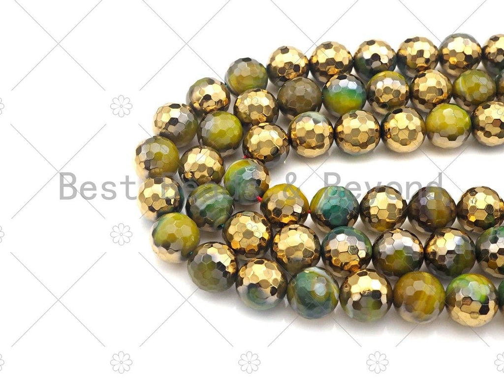 Half Gold Plated Olive Green Agate Beads, 8mm/10mm/12mm Roun