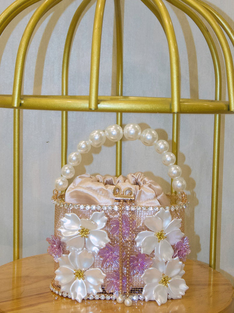 Retro Sunflower Birdcage Handmade Bucket Bag - Diamond Embellished PVC Shoulder Bag