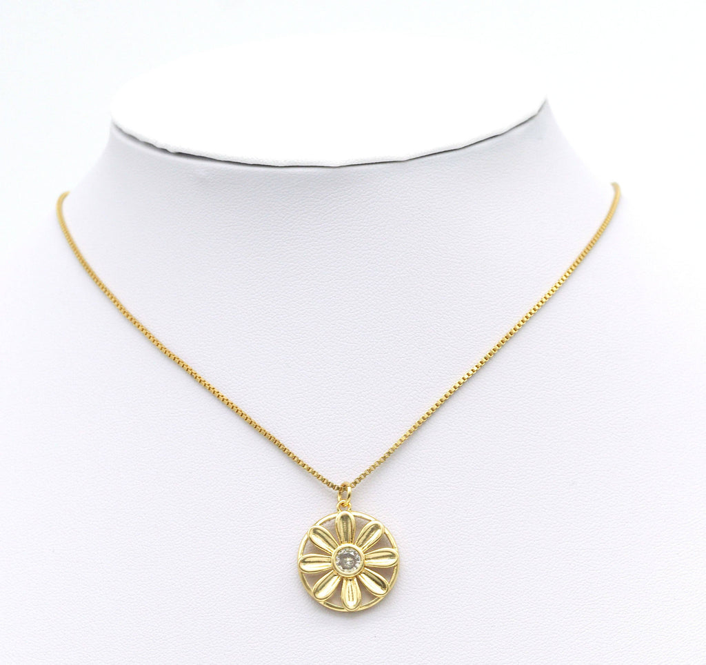 CZ Sunflower On Round Coin Charm, Sku#L647