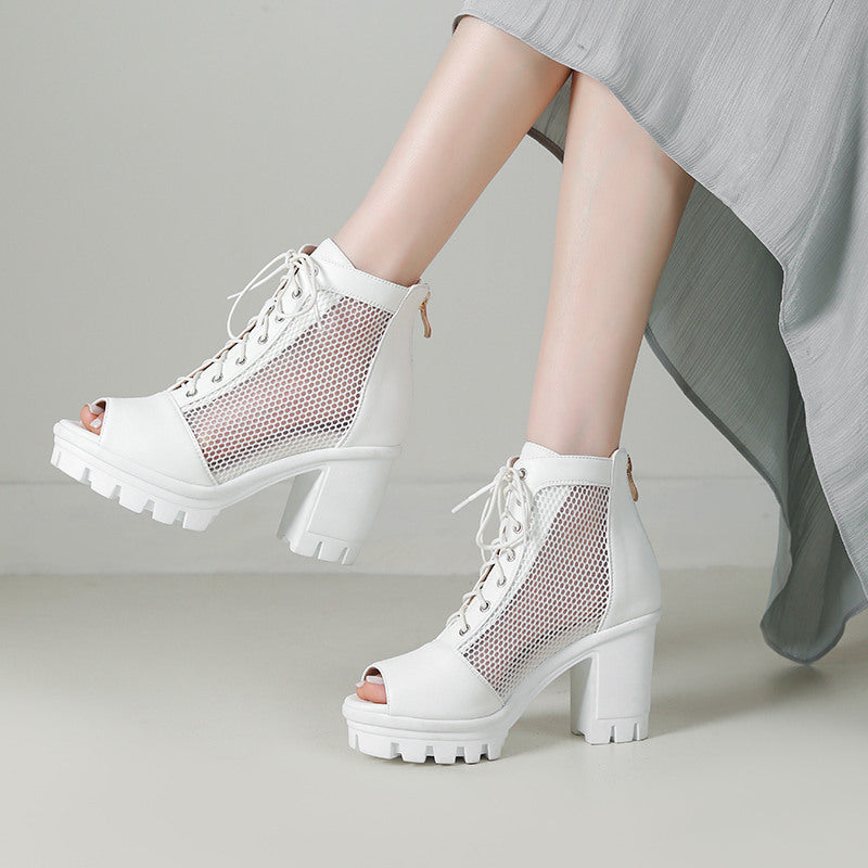 Women's Plus Size Mesh Peep Toe Chunky Heel Sandals | High Heel Open Toe