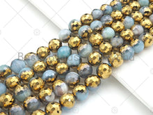 Load image into Gallery viewer, Half Gold Plated Blue White Agate Beads, 8mm/10mm/12mm Round Faceted Gold Blue White Agate, 15.5 Full Strand, sku# UA139