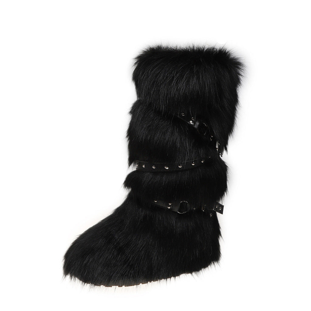 Women's Fur-Lined Mid-Calf Snow Boots | Cross-Strap Buckle | Slip-On Winter Boots