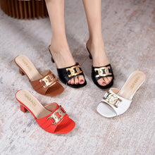 Load image into Gallery viewer, Women's Metal Buckle High Heel Peep Toe Slippers | Block Heel Open Toe Mules in PU Leather