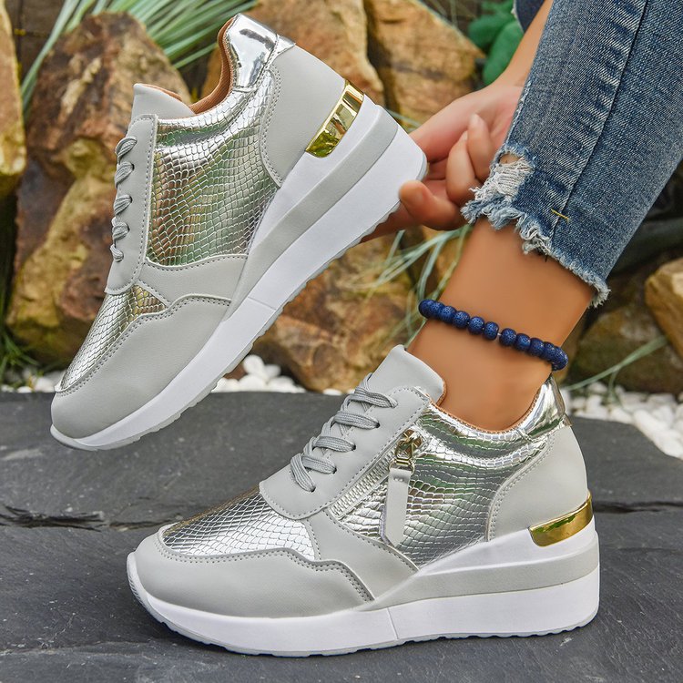 Women's Wedge Sole Height Increasing Casual Sneakers | Gold & Silver Platform Shoes
