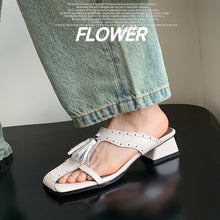 Load image into Gallery viewer, Women's Tassel Slide Sandals | Square Toe Block Heel Cowhide Mules