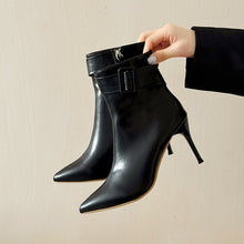Load image into Gallery viewer, Women's Pointed-Toe Stiletto Ankle Booties - Chunky Heel Side Zipper Boots