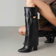 Load image into Gallery viewer, Women's Pointed-Toe High-Shaft Mid-Calf Boots with Metal Buckles | Chunky Heel Side Zipper