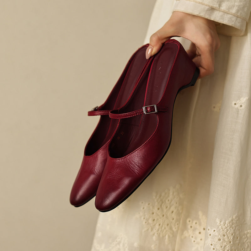 Women's Full Grain Leather Mary Jane Mules | Low Heel Square Toe Slide Sandals