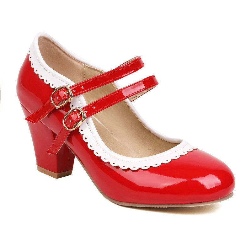 Women's Patent Leather Chunky Heel Mules – Candy Color Round Toe Buckle High Heels