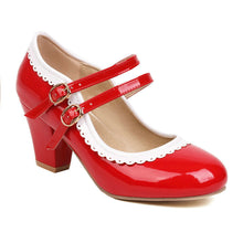 Load image into Gallery viewer, Women's Patent Leather Chunky Heel Mules – Candy Color Round Toe Buckle High Heels