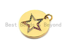 Load image into Gallery viewer, CZ Colorful Micro Pave Round Gold With Five Star Pendant, Coin Shaped Pave Pendant, Gold plated, 21x21mm, Sku#F869