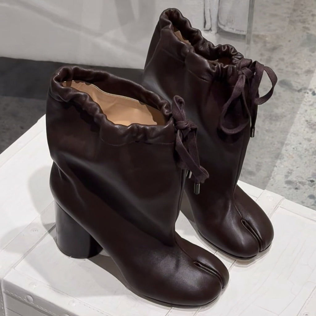 Women's Split-Toe Leather Boots - Mid-Calf Chunky Heel Lace-Up Boots