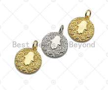 Load image into Gallery viewer, Hamsa Hand On Round Coin Shaped Pendant/Charm, Round Coin Cubic Zirconia Pendant Charm,15x17mm,sku#L301