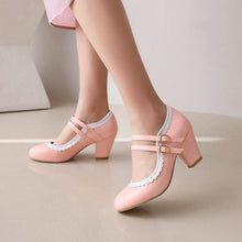 Load image into Gallery viewer, Women's Patent Leather Chunky Heel Mules – Candy Color Round Toe Buckle High Heels