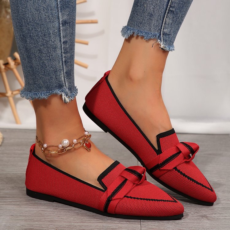 Women's Knitted Mesh Bow-Tie Pointed-Toe Flats - Elegant Low Heel Dress Shoes