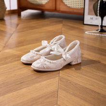 Load image into Gallery viewer, Women's Jacquard Mary Jane Low Heel Shoes | Pearl Ribbon Bow Square Toe Wedding Flats