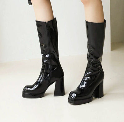 Women's Chunky Heel Mid-Calf Boots | Square Toe Side Zipper High Heel Boots