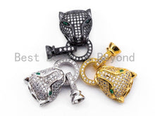 Load image into Gallery viewer, CZ Micro Pave 18K Gold Panther Leopard Head Buckle Interlocking Clasp, Green Eye Leopard Head Clasp for Jewelry Making, 30x13x7mm, sku#K54