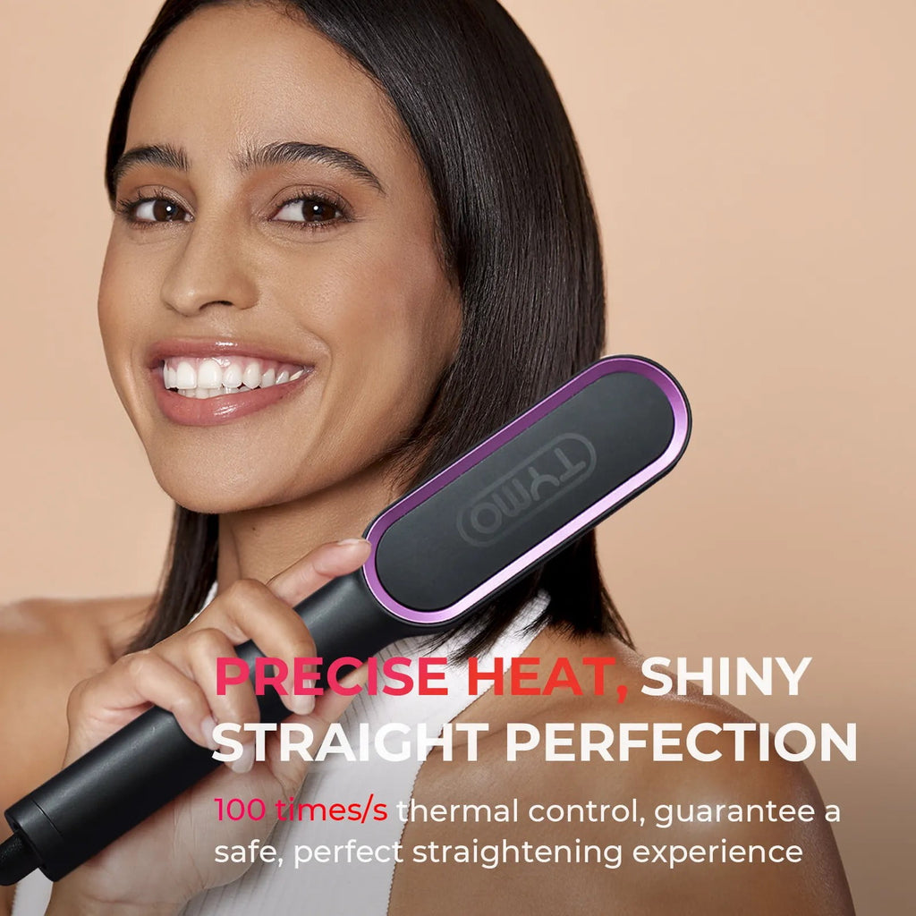 TYMO RING Hair Straightener Brush, Anti-Scald Ceramic Heated Straightening Flat Iron Comb, Frizz Control & Smooth Shine, Dual Voltage, Black, with Travel Bag