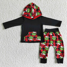Load image into Gallery viewer, Black shirt green face boy hoodie Christmas set