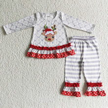 Load image into Gallery viewer, Reindeer embroidery ruffle pants girl Christmas outfits