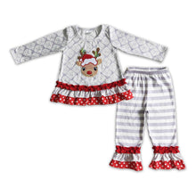 Load image into Gallery viewer, Reindeer embroidery ruffle pants girl Christmas outfits
