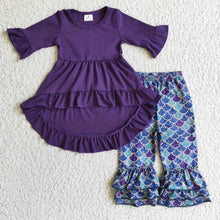 Load image into Gallery viewer, Purple high-low tunic mermaid scale pants girls clothing set