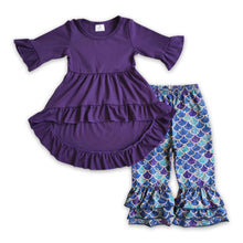 Load image into Gallery viewer, Purple high-low tunic mermaid scale pants girls clothing set