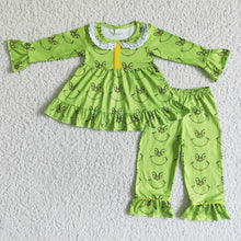 Load image into Gallery viewer, Tunic match pants green face girls Christmas Pjs