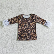 Load image into Gallery viewer, Leopard lace ruffle sleeves girls fall shirt
