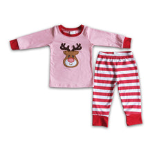 Load image into Gallery viewer, Pink reindeer applique cotton girls Christmas pjs