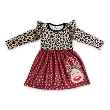 Load image into Gallery viewer, Leopard reindeer screen print girls Christmas dresses