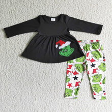 Load image into Gallery viewer, Black cotton green face applique tunic leggings Christmas outfits
