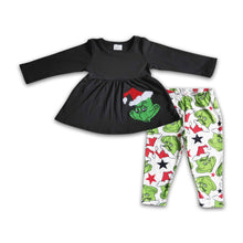 Load image into Gallery viewer, Black cotton green face applique tunic leggings Christmas outfits