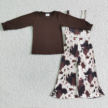 Load image into Gallery viewer, Brown cotton shirt cow print overalls girls clothing